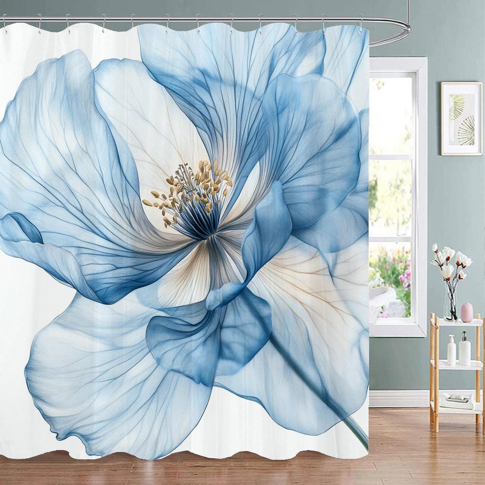 Beautiful Blue Flowers Shower Curtain, Floral Art Bathroom Decorative Shower Curtain, Print Polyester Fabric Curtain with Hooks