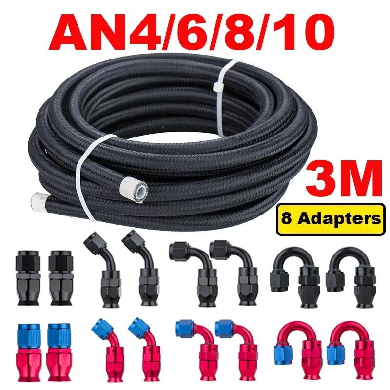 10FT 3M Universal AN4/6/8/10 PTFE Fuel Line Kit Nylon Stainless Steel Braided PTFE Fuel Hose with 8pcs Hose End Fitting Adapters