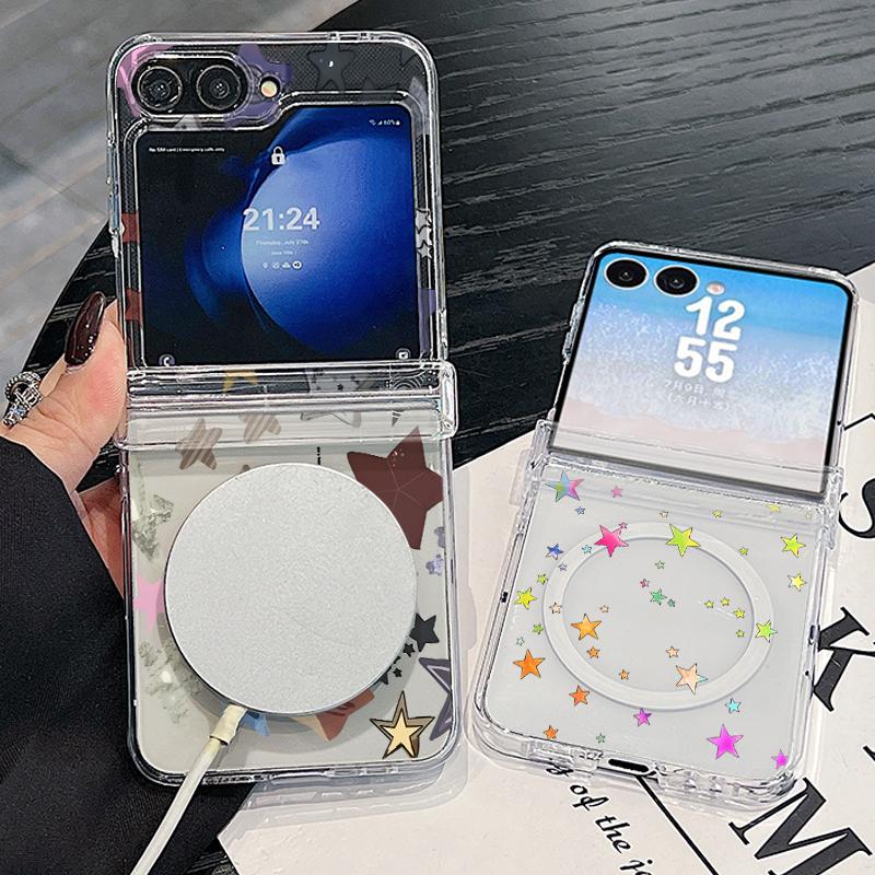 Colorful Stars Print Case For Samsung Galaxy Z Flip 8 7 FE 6 5 Z Flip8 Flip7 Flip6 Magnetic Clear Hard PC Folding Phone Cover