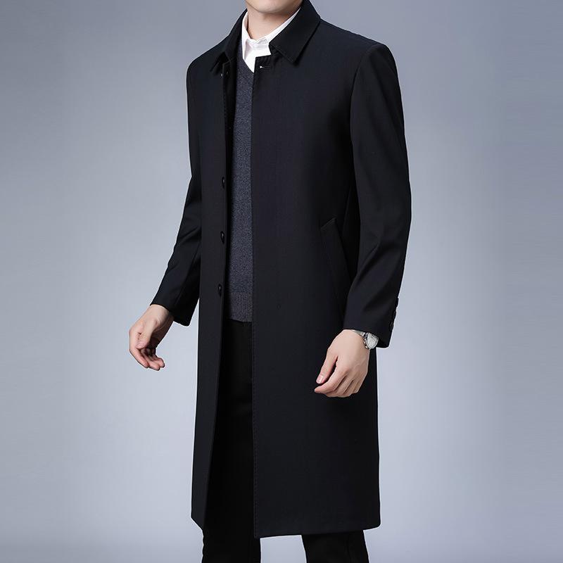 

Весенне-осеннее длинное пальто-тренч, мужское, деловое, повседневное, высококлассное, с лацканами, для среднего возраста, однотонное, универсальный блейзер для папы M синий