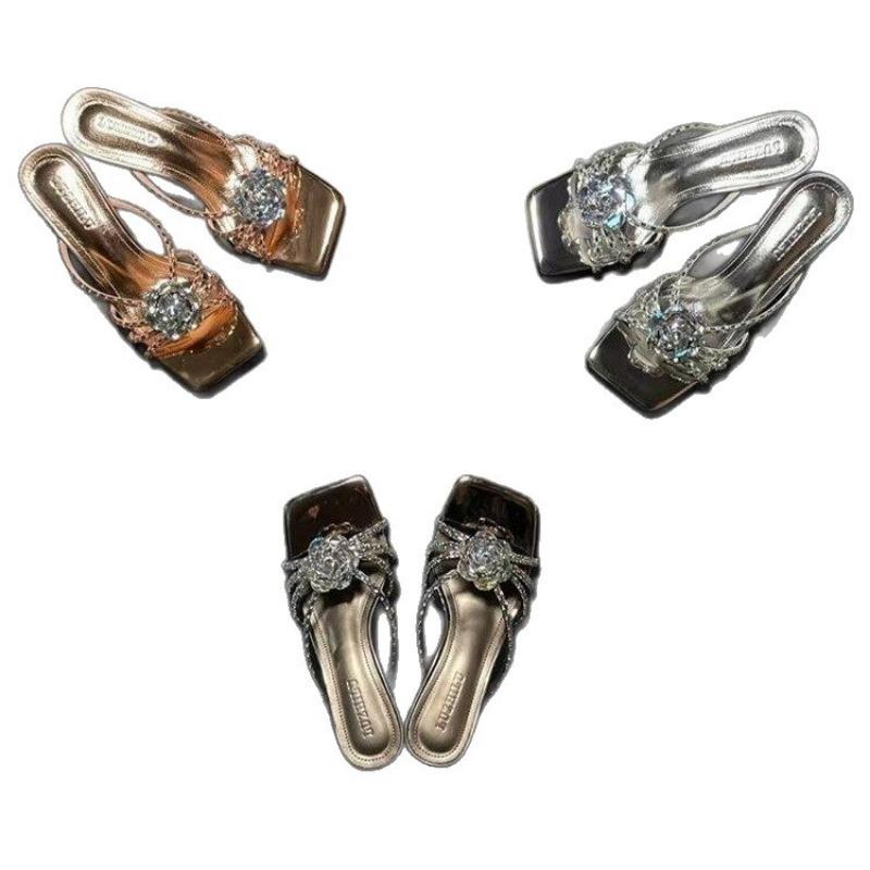 Summer Silver Sugar Cube Rhinestone High Heel Cool Slippers with Square Head High Heels Temperament Thick Heel Sandals Women