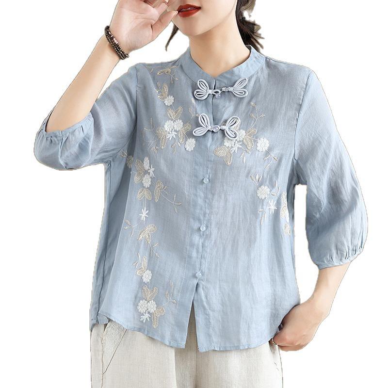 Dámská retro vyšívaná košile z bavlny a lnu se žabkovými knoflíky a stojáčkem