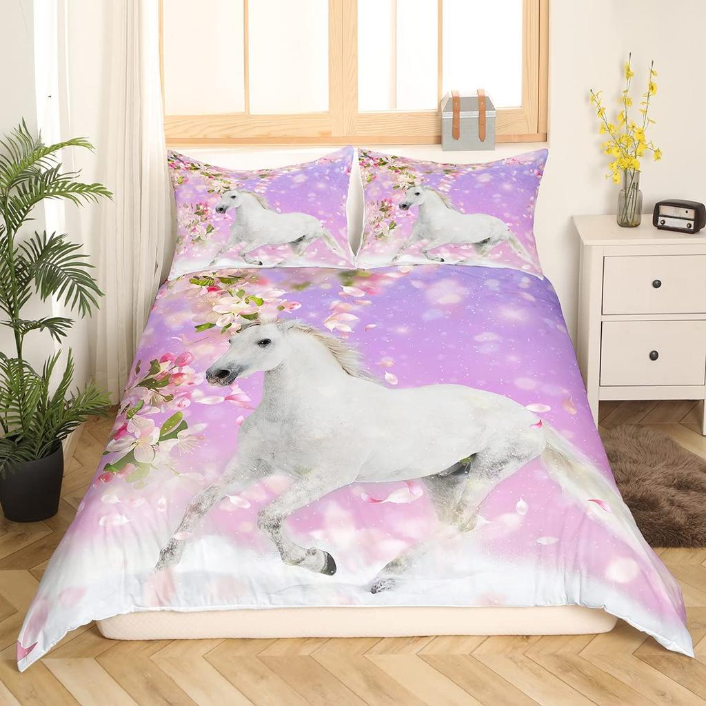 White Horse Pink Cherry Blossom King Full Bedding Set Watercolor Floral Duvet Cover Animal Quilt Cover Polyester Comforter Cover