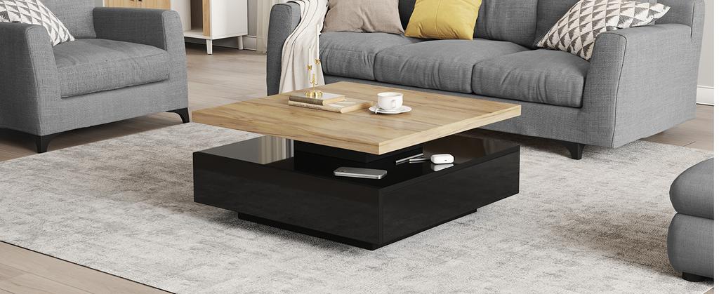 Multifunctional Square 360 Degrees Swiveling Coffee Drawer, High-Gloss 2-Tier Table and Storage Cabinet, Side Table, Natural Wood + Black
