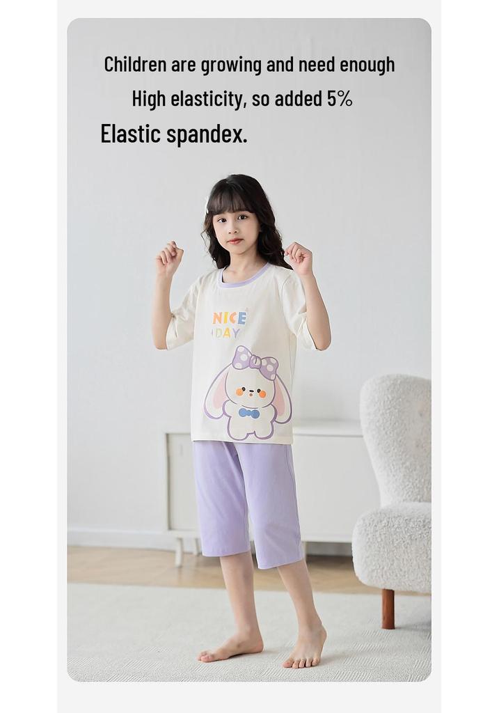 Girls' Summer Cotton Pajama Set - Short Sleeve, Lightweight, for Middle and Big Children, 2024 New Style