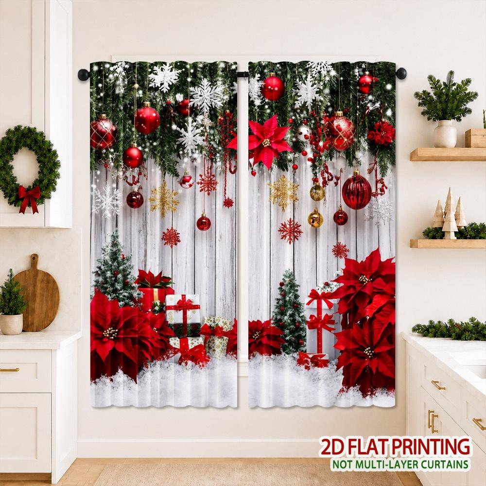 Christmas Pine Cone Red Berry Decorative Curtains Rod Pocket Polyester For Bedroom Living Room Woodland Home Decor