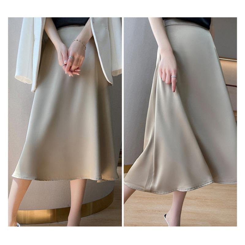 Jarní a letní hedvábná polodlouhá sukně pro ženy, jednobarevná deštníková sukně s vysokým pasem, dlouhá sukně, tenká sukně