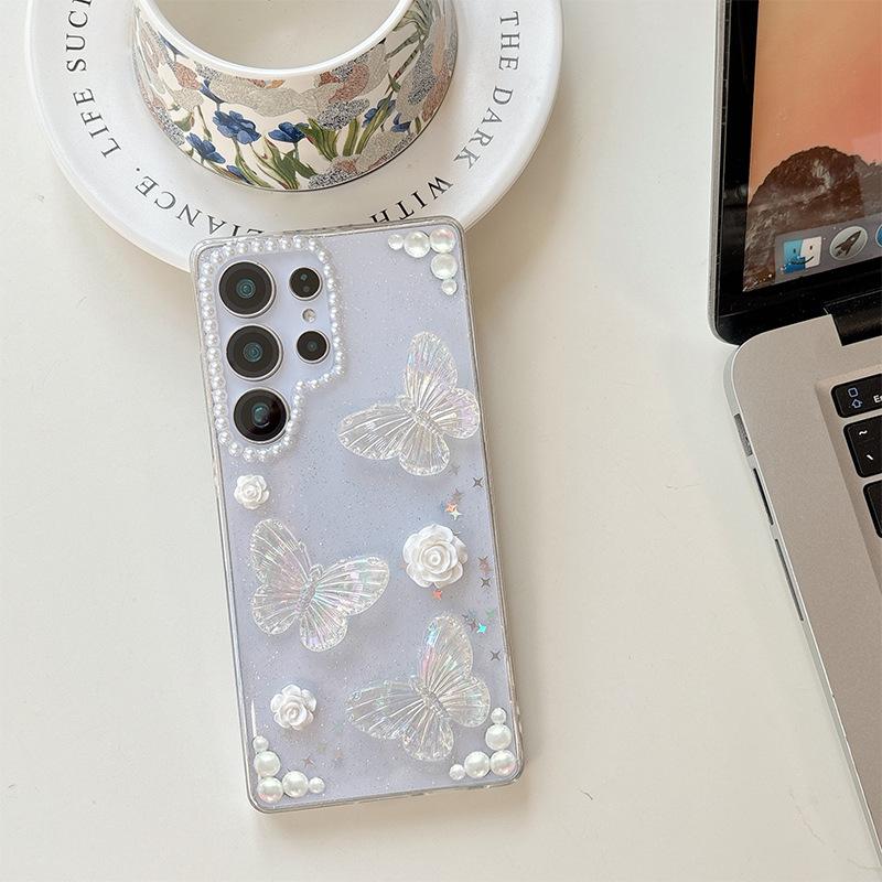 Japanese Fresh Ins Style Mobile Phone Case for Samsung S25ultra Flower Pearl S24plus Glitter Powder S23