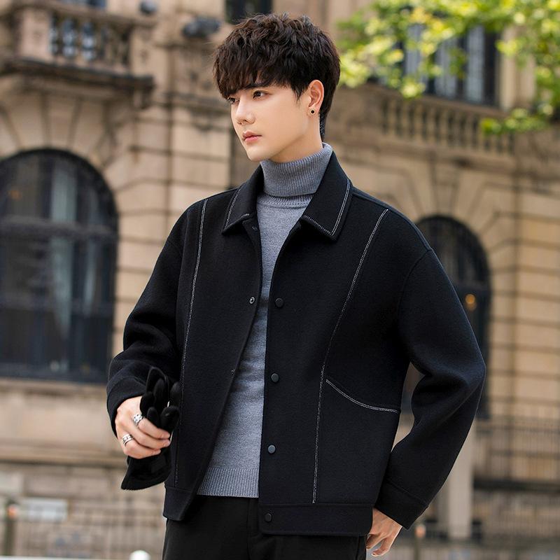 

Осень и зима новое пальто ручной работы двустороннее мужское повседневное однобортное пальто шерстяное S чёрный