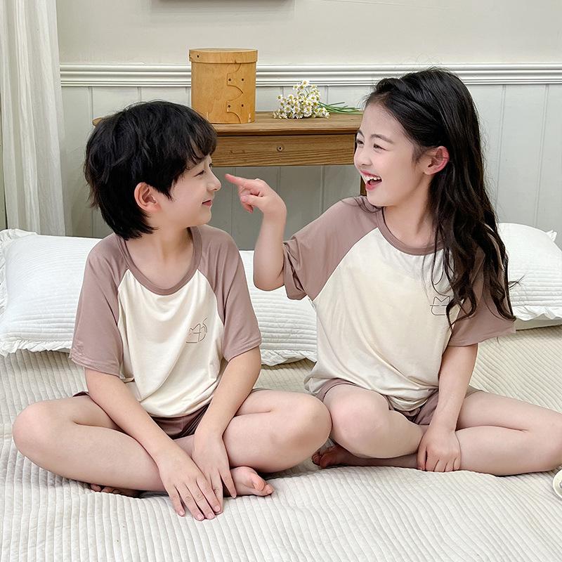 Modal Summer Pajamas: Ice Silk Short-Sleeve Set for Boys and Girls 