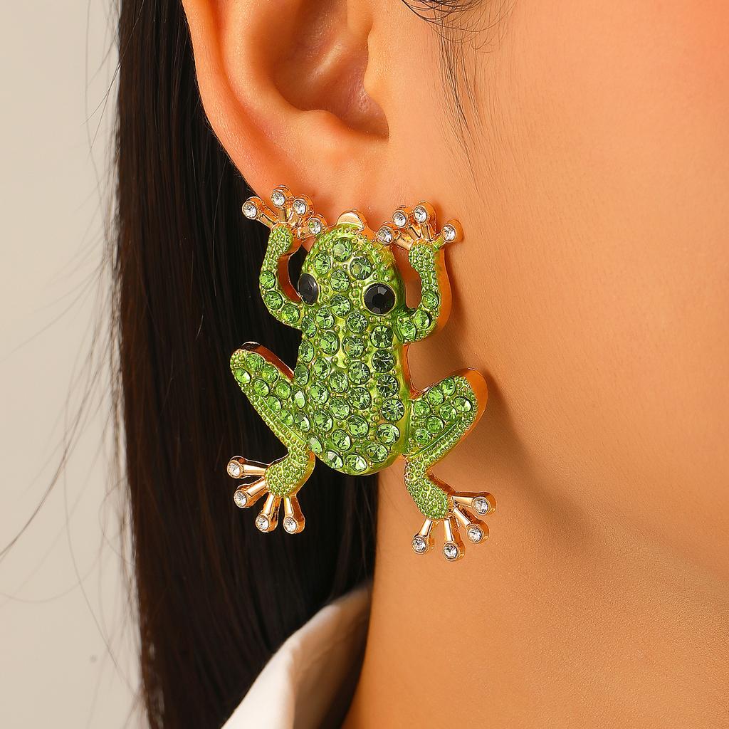 Gold Tone Green Crystal Frog Stud Earrings, Sparkly Animal Statement Earrings for Women