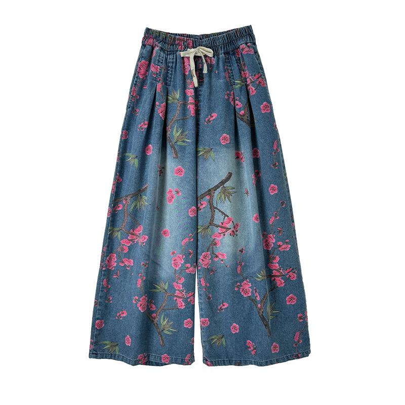 Summer Thin Jeans Printed with Floral Wide Leg Pants Loose and Slimming Elastic Waist Straight Leg Mop Pants for Women 2025