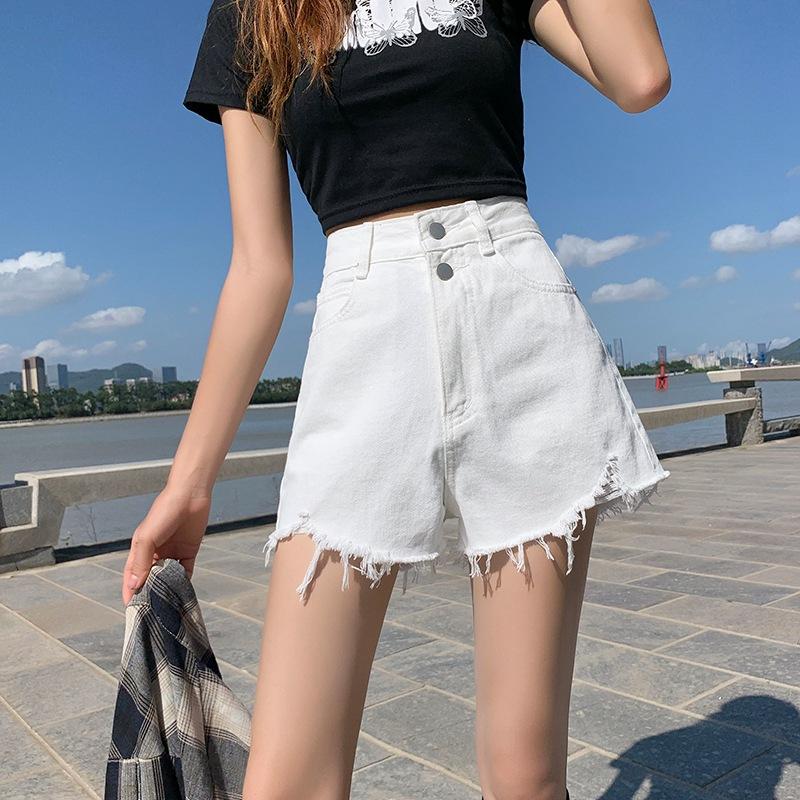 

Модные и универсальные узкие черные джинсовые шорты женские летние тонкие свободные с высокой талией тонкие с широкими штанинами на двух пуговицах дырки брюки А-силуэта S белый