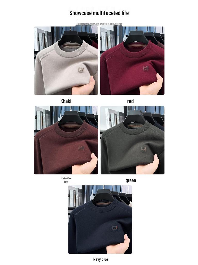 Men's 2025 Pullover Hoodie: Thickened Velvet, Solid Color, Round Neck Knitwear for Middle-Aged and Elderly Men