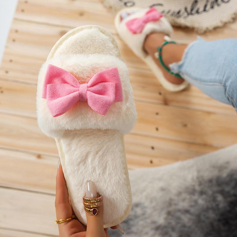 Fashion Sweet Bowknot Decor Plush Slippers for Women Winter Anti Slip Soft Sole Indoor Cotton Slides Woman Faux Fur Warm Home Slippers