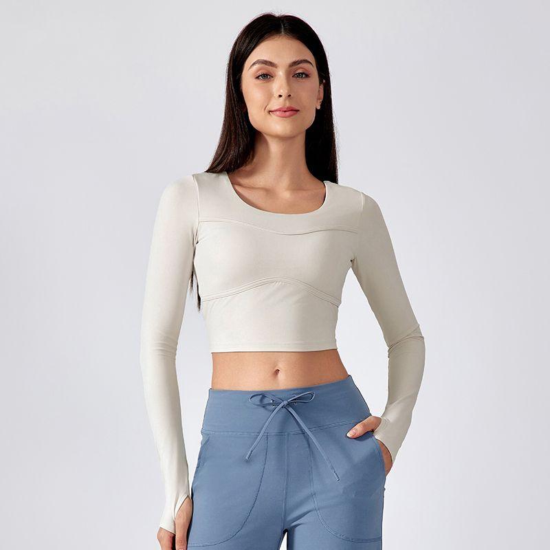 Original Long sleeve Yoga Clothes With Chest Pad Outer Wear Half Fixed Cup Quick-Drying T-shirt Women Short Pilates Workout Clothes