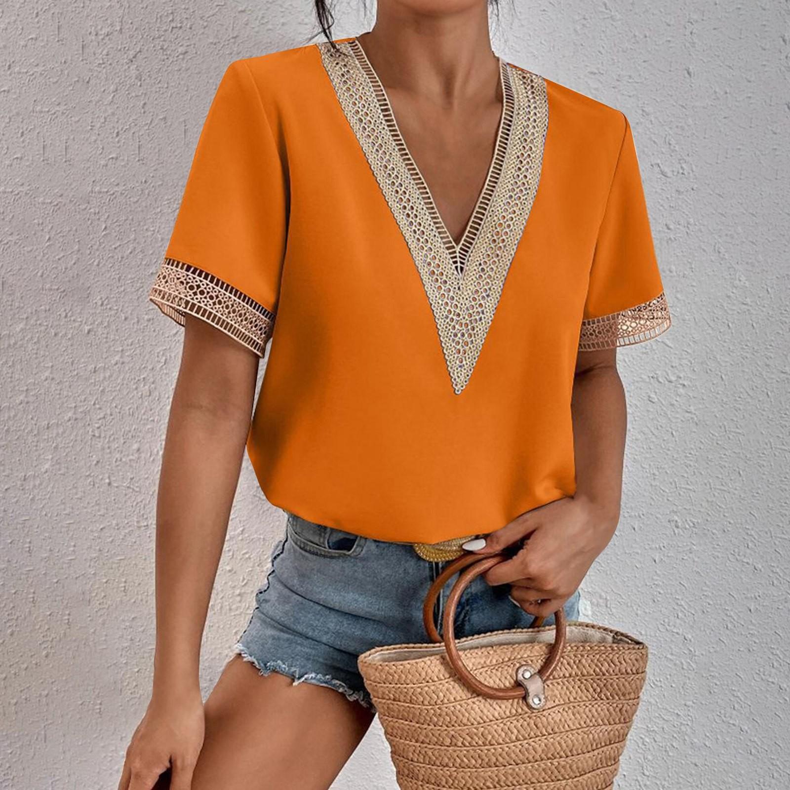 

Женская мода, однотонная свободная футболка, кружевной шифоновый топ с короткими рукавами XXL шафрановый