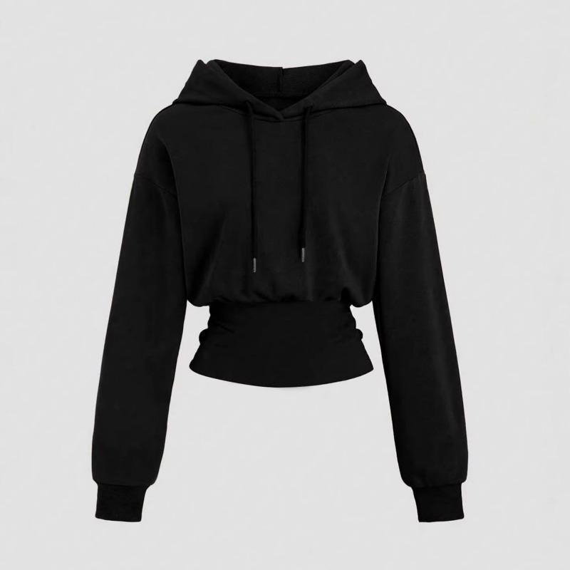 

Укороченная толстовка с капюшоном на осень-зиму, с длинным рукавом и сборками по низу S чёрный