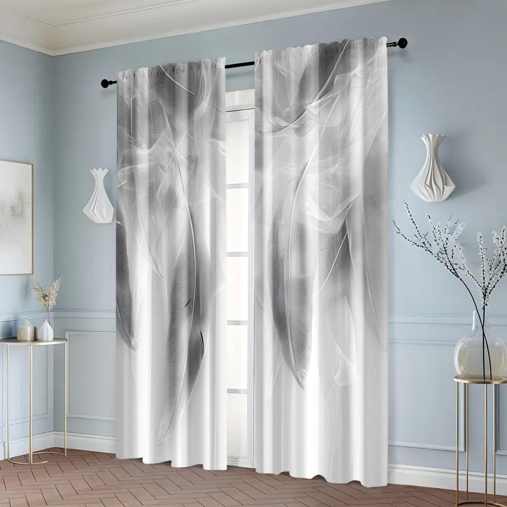 2pcs, Creative Curtains print Gray & White Feather Print Polyester (without rod) Decorations For Home Perfect for Living