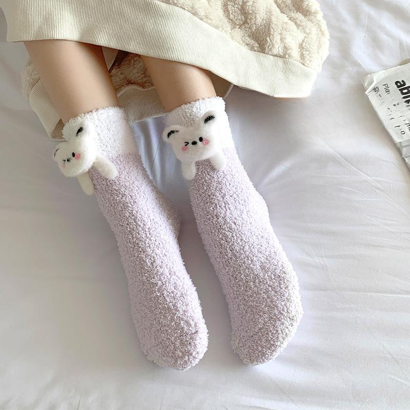 Women Winter Warm Fluffy Socks Cute Animal Frog Rabbit Dog Panda Socks Female Thick Coral Fleece Home Floor Sleep Socks