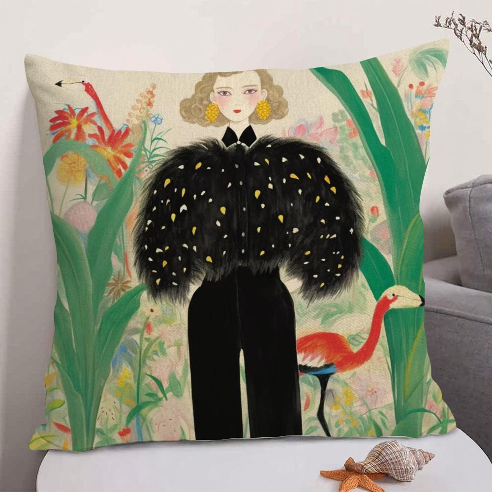 1PC Fashion Illustration Cushion Cover Natural Linen Organic Fabric DoubleSided Printing Sofa Home Decor Gift Pillow Case