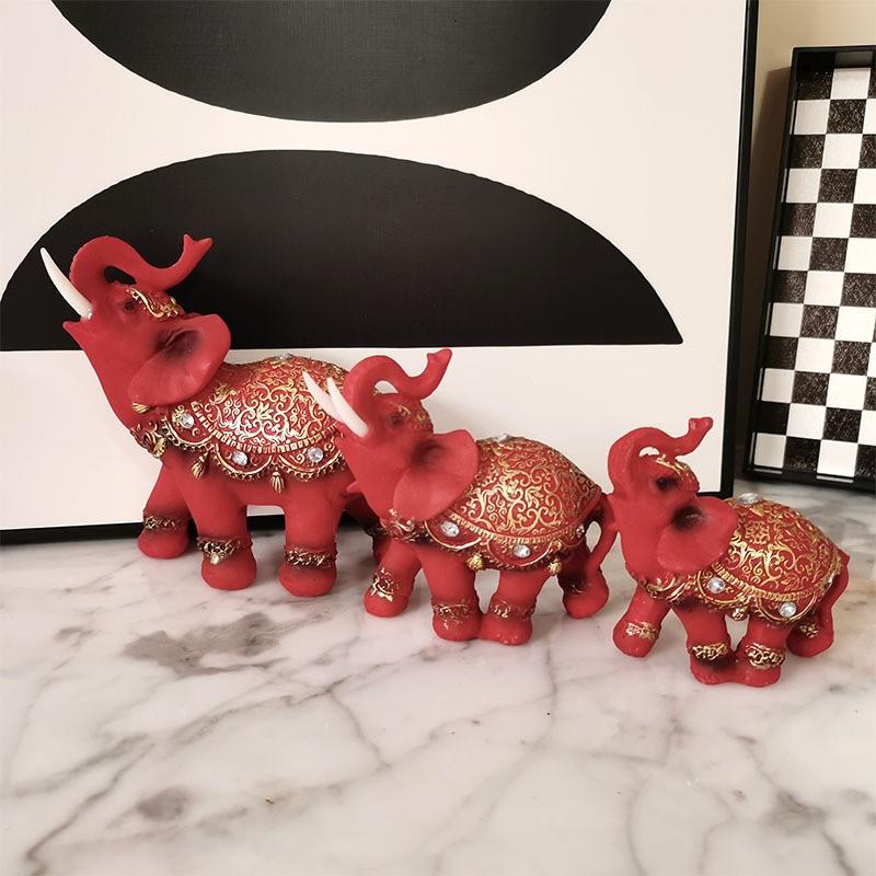 Resin Elephant Figurine Decorative Ornament Home Office Desk Entryway Chinese Style Red Gold