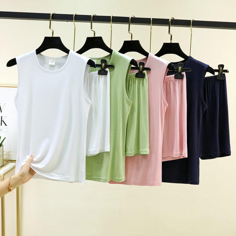 Summer Loose Pajama Set Sleeveless Tank Top & Shorts 2 Piece Set For Women Solid Color Basic Layering Loungewear Homewear Suits