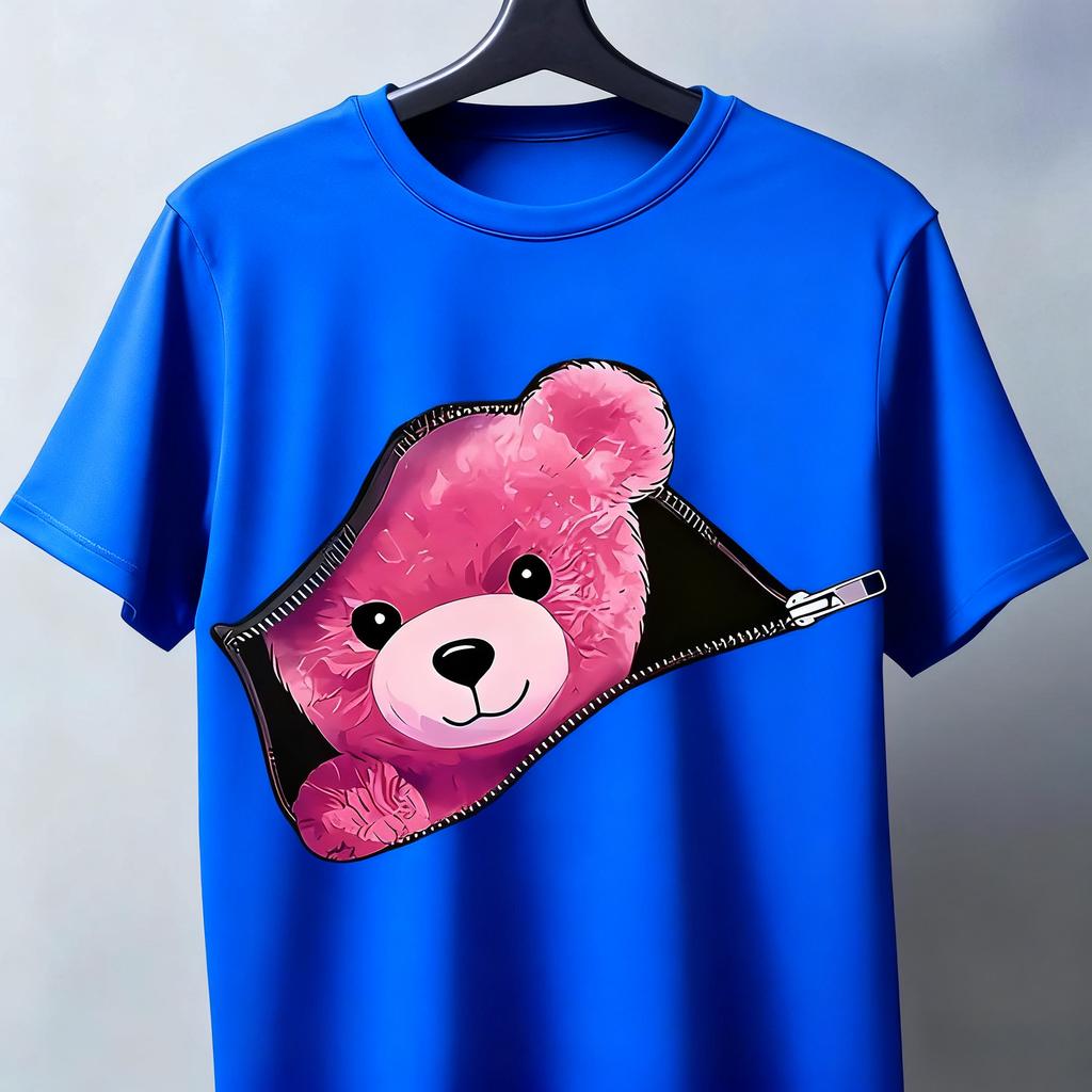 Adorable Bear Zip Pattern Printed Short-sleeved Cotton T-shirt Summer Unisex Men's and Women's Casual Loose Fashion Clothing