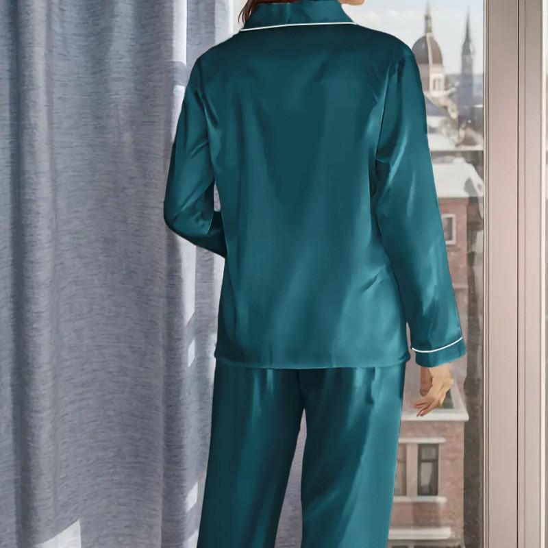 Women’s Satin Pajama Set - Solid Color, Long Sleeve Cardigan with Lapel, Long Pants, Versatile Home Wear for Autumn and Winter.