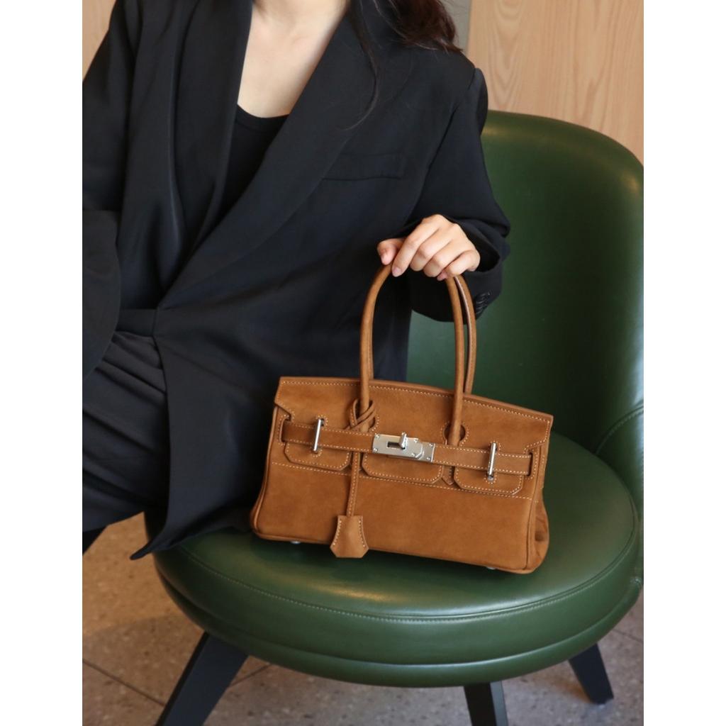 30Cm horizontal low version velvet platinum bag, first layer matte cowhide underarm bag (H01BK)