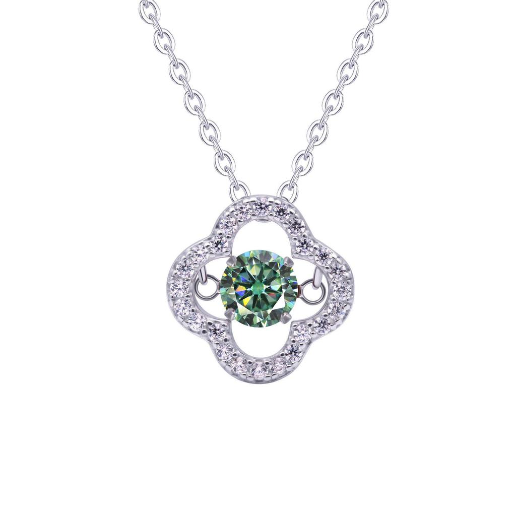 S925 Silver Dancing Heart Moissanite Necklace: Women's 50-Point Colored Moissanite Clover Pendant on Clavicle Chain