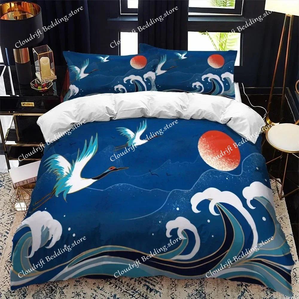 Bettbezug-Set im japanischen Stil, King-Size-Bett, Queen-Size-Bett, Ukiyo-e-Motiv, Wellenmuster, Polyester-Bettwäsche-Set, Fuji-Berg, exotischer Stil