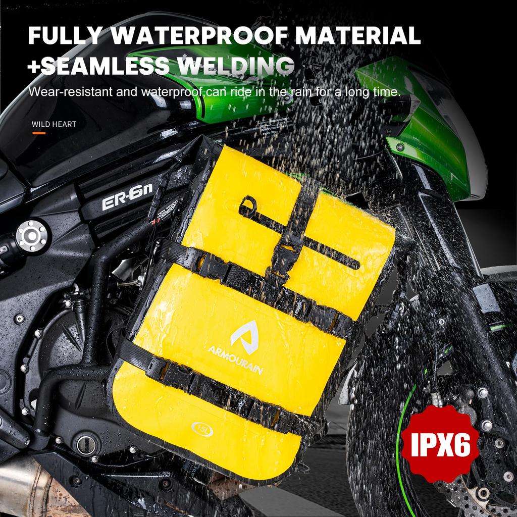 ARMOURAIN Wasserdichte Motorrad-Sitzbanktasche, 15L - Motorrad-Seitentasche, Dry Bag, Werkzeugtasche, Schutzbügeltasche (PVC Gelb, 15L)