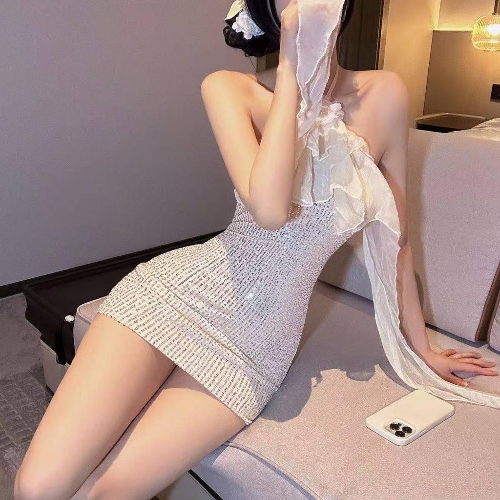 Sex Underwear Ball Queen Sequins Flower Neck Strap Skirt Halter Hips Celebrity Dress