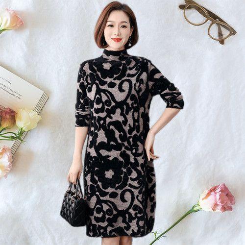 

Жіноча сукня-светр великого розміру Осінь Зима Флісова Міді Пряма В язана сукня З принтом Флокована З високою горловиною Приємна до шкіри В язана сукня 2XL