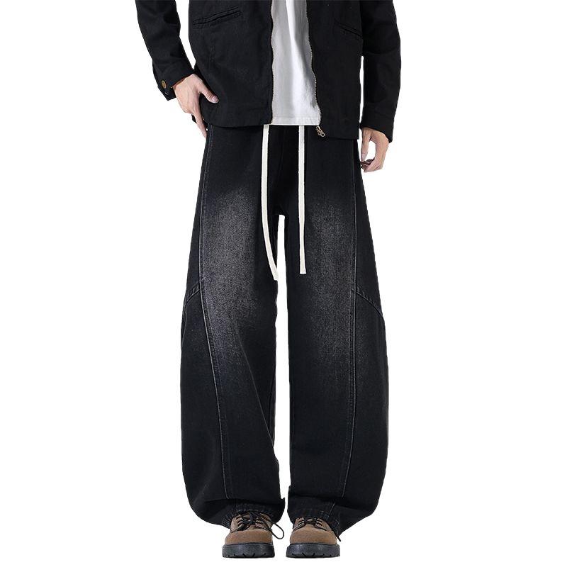 American retro trendy brand splicing scimitar jeans men's trend loose wide legs drape elastic waist long pants men