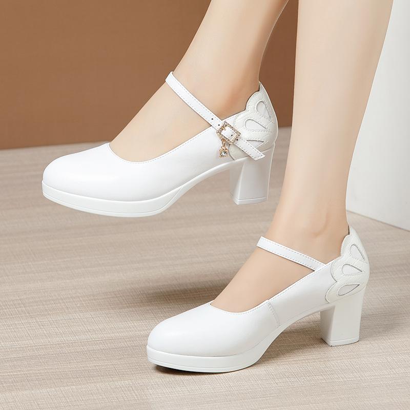 Plus Size 32-43 Genuine Leather Shoes Round Toe Woman Platform Pumps Women's Chunky Heel High Heels Office Black Work Shoes