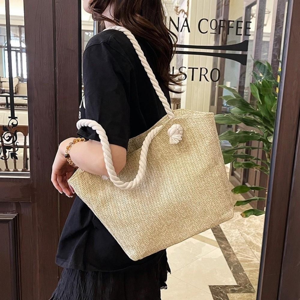 Solid Color Beach Handbag Large Capacity Underarm Shoulder Bag Casual Straw Tote Bag  Travel