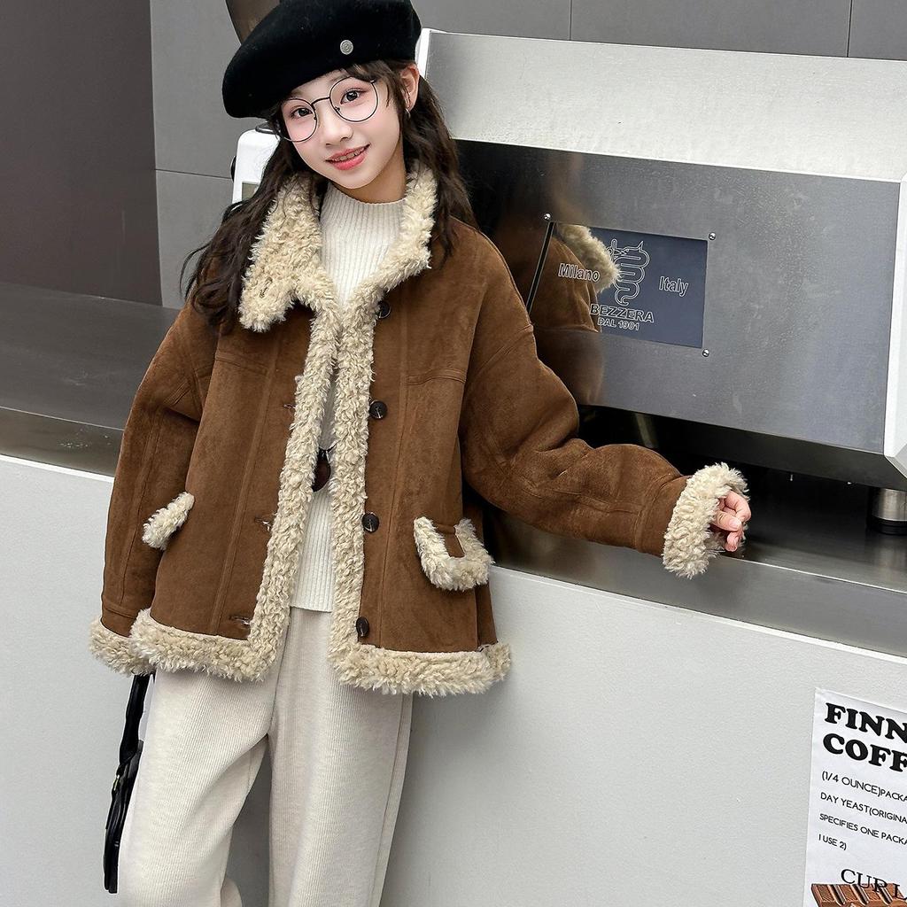 Girls' Fashionable Faux Fur and Leather One-Piece Winter Coat with Cotton-Padded Jacket for Autumn 2025