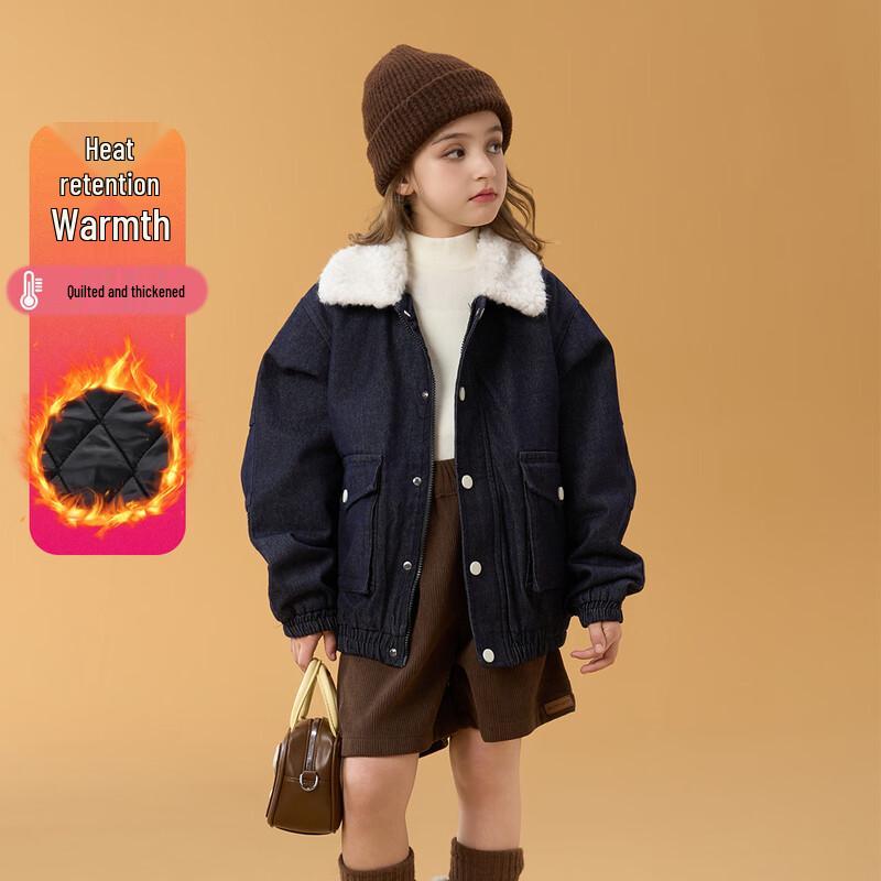 

Montagut Kids Girls Thickened Padded Denim Jacket with Fur Collar 140