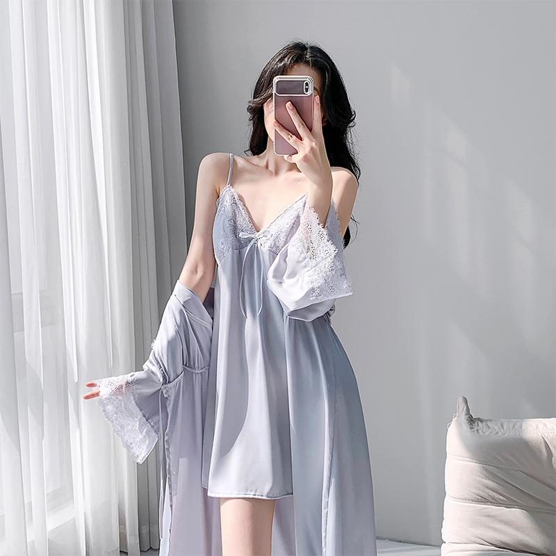 1011 new ice silk suspender nightdress two-piece set with chest pad lace lace sexy pajamas women