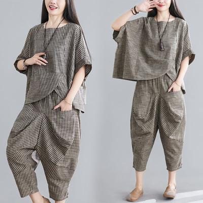 Summer  Women's Suits Art Stripe Short Sleeve T-shirt Loose Top Women's Casual Pants Two Piece Sets