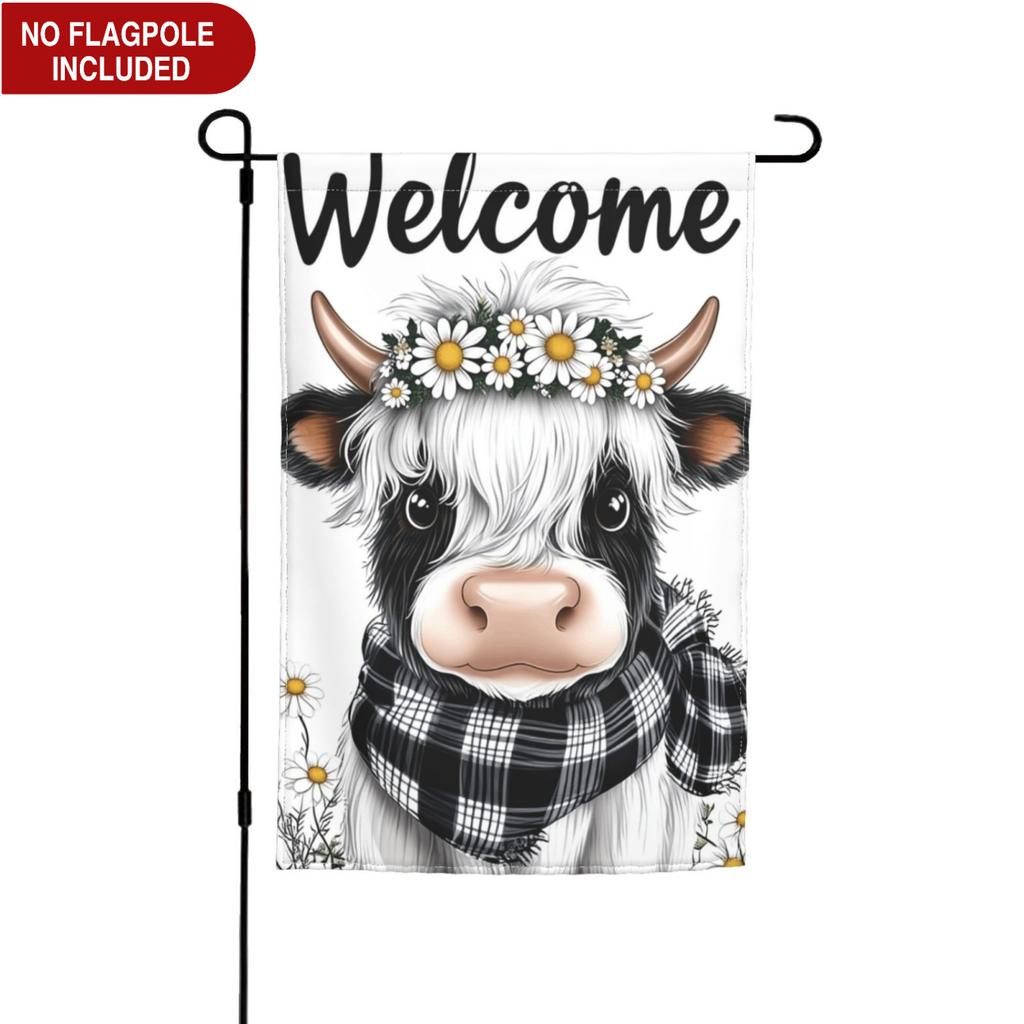 Welcome Garden Flag Outdoor Yard Banner Highland Cow with Daisy Flower Crown and Plaid Scarf Farmhouse Porch Lawn Home Decoration