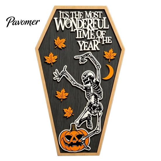Decorative Wooden Patch Halloween Table Sign, Spooky Message Board, Tabletop Centerpiece with Skeleton Ornaments And Maple Leaves for Haunted