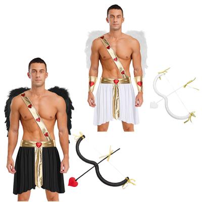 Mens Cupid Costume Set Contrast Color Heart Pattern Skirt Detachable Sleeves Wings Bow Arrow