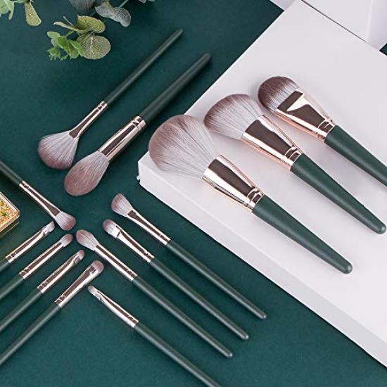 YINAN Studio Makeup Brush Set with Wooden Handles and Popular Makeup Tool Set Set, 14-Piece Ultra-Soft Pouch, (Green)