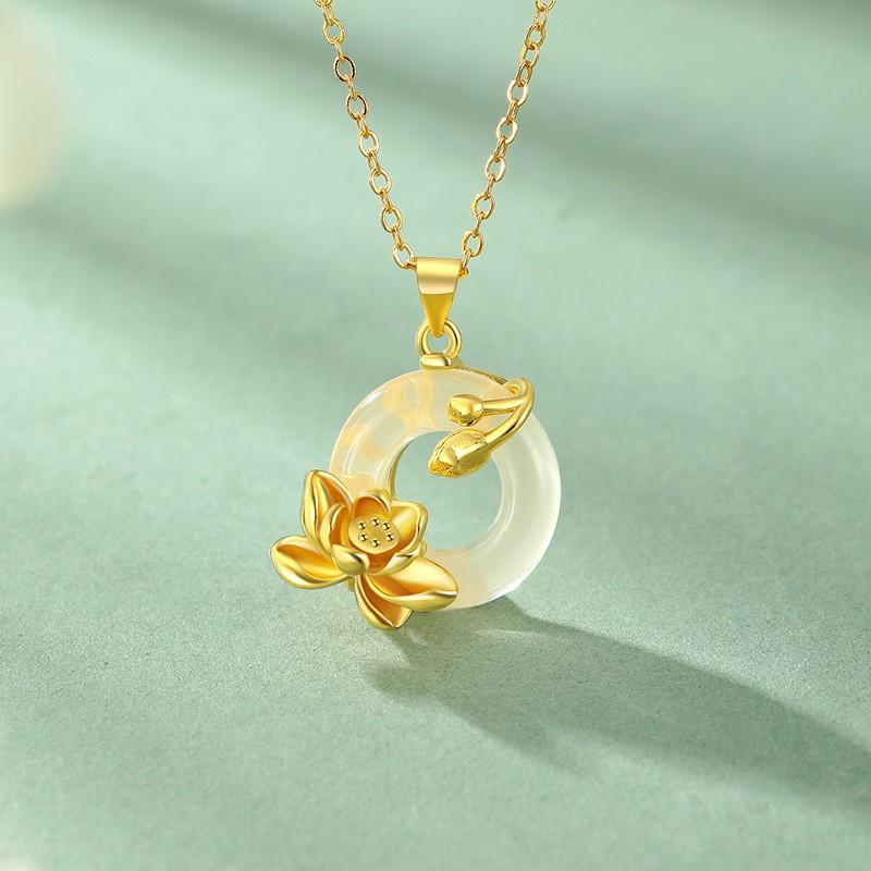 Women Light Luxury Ethnic Style Lotus Peace Buckle Simulated Chalcedony Clavicle Pendant Necklace