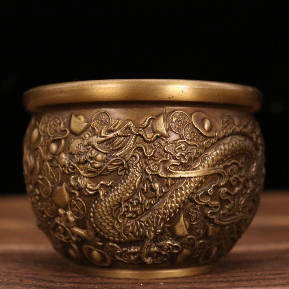 3.7" Collection China Bronze Animal Dragon Phoenix Yuanbao Money Treasure Bowl Statue