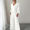 Pantaloni a gamba larga a vita alta alla moda, eleganti, tinta unita, scollo a V, manica corta, plissettati, tuta intera da donna, stile da pendolare