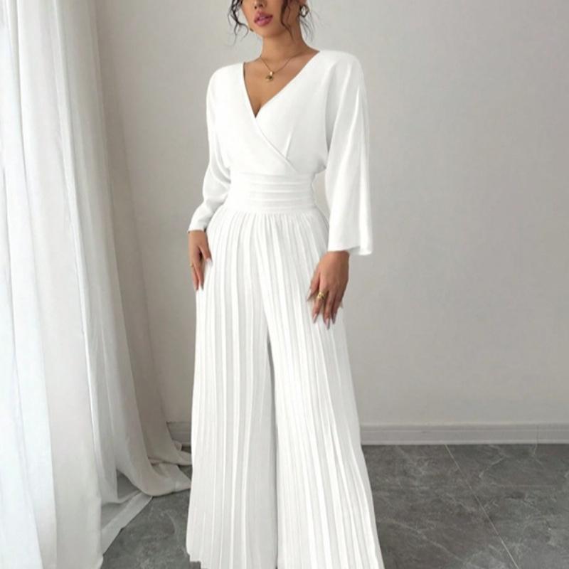 Pantaloni a gamba larga a vita alta alla moda, eleganti, tinta unita, scollo a V, manica corta, plissettati, tuta intera da donna, stile da pendolare
